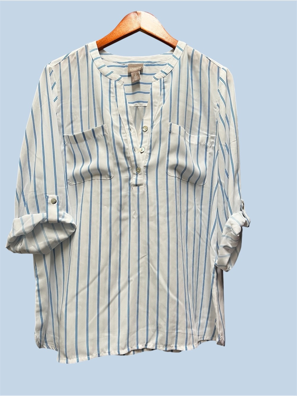 Chico's White Shirt with Blue Vertical Stripes